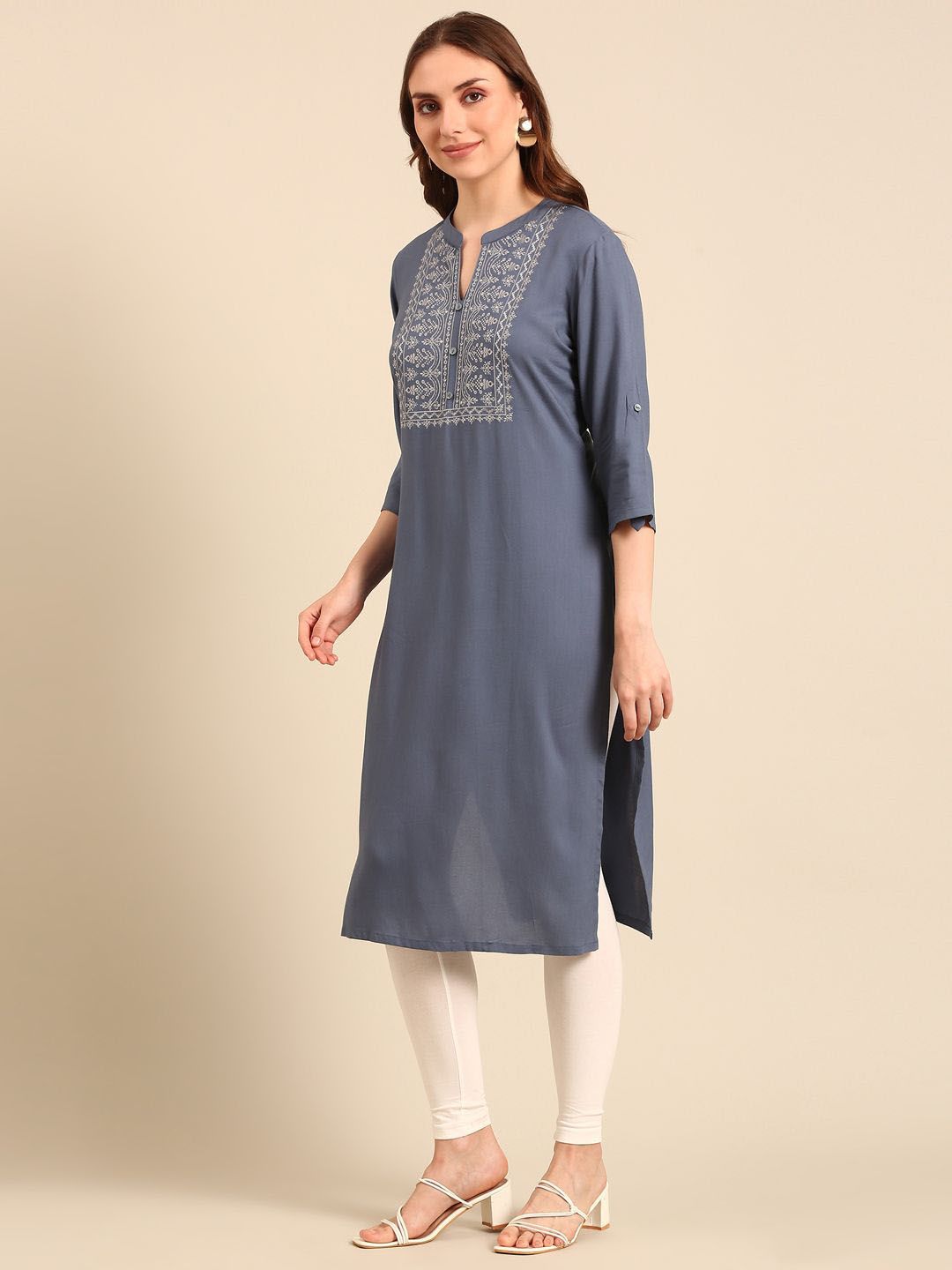 Anouk Grey Floral Yoke Designed Mandarin Collar Thread Work Pure Cotton Straight Kurta