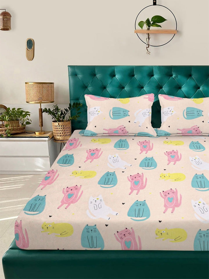 KLOTTHE Beige Cartoon Printed 300 TC Double Bedsheet & 2 Pillow Covers- 2.5 m x 2.25 m