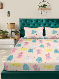 KLOTTHE Beige Cartoon Printed 300 TC Double Bedsheet & 2 Pillow Covers- 2.5 m x 2.25 m