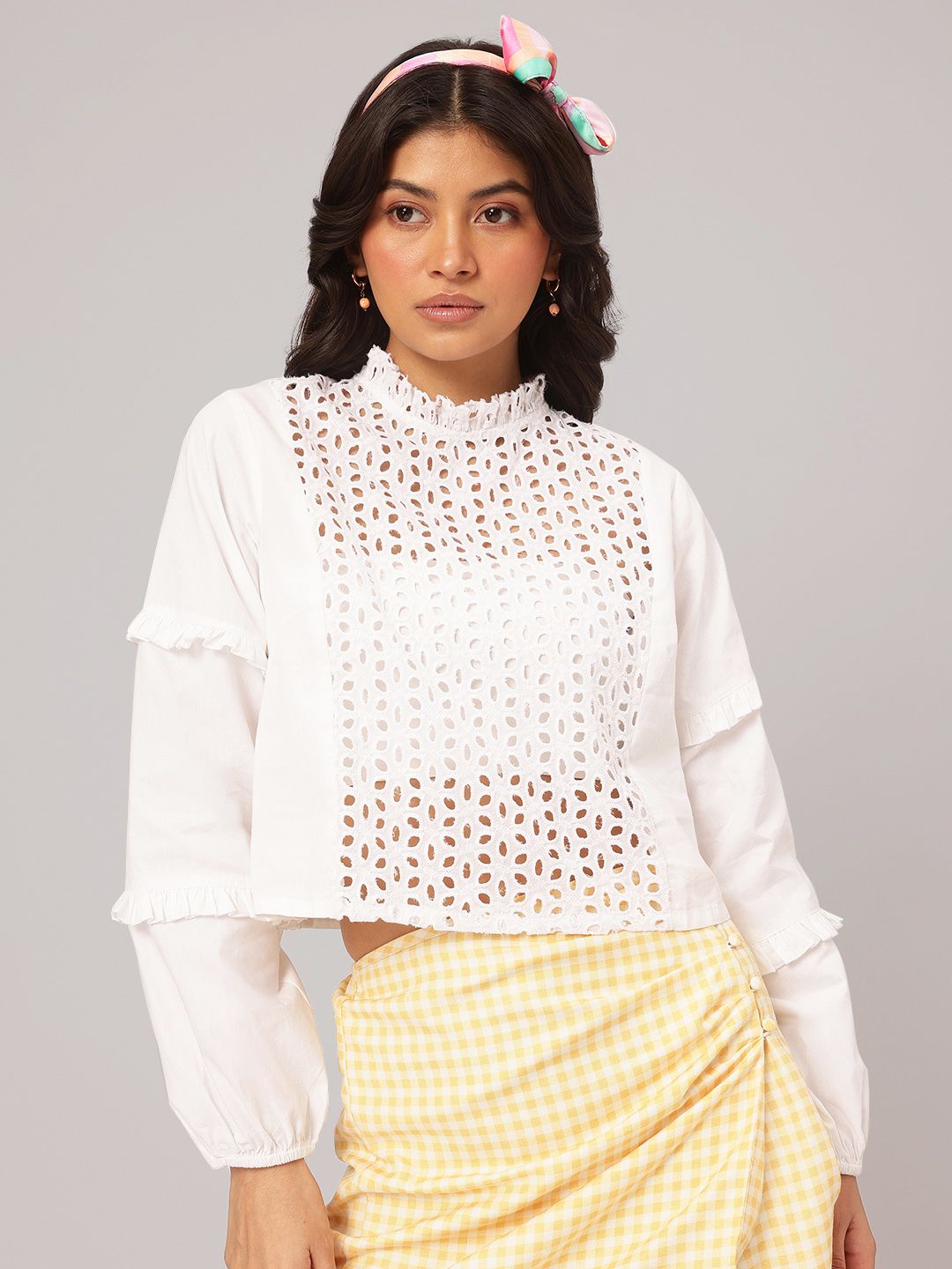 DressBerry Mixed Medley Schifffli Pure Cotton Ruffled Detail Top
