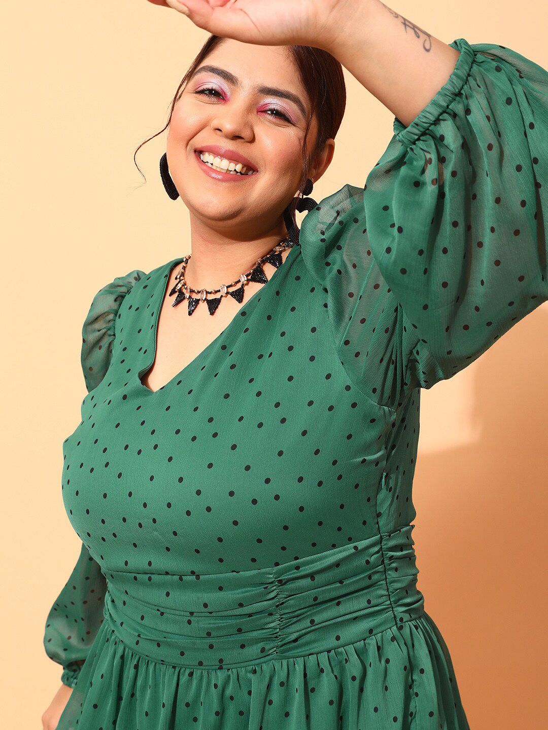 CURVY STREET Plus Size Green & Black Polka Dot Printed Puff Sleeves Fit & Flare Dress