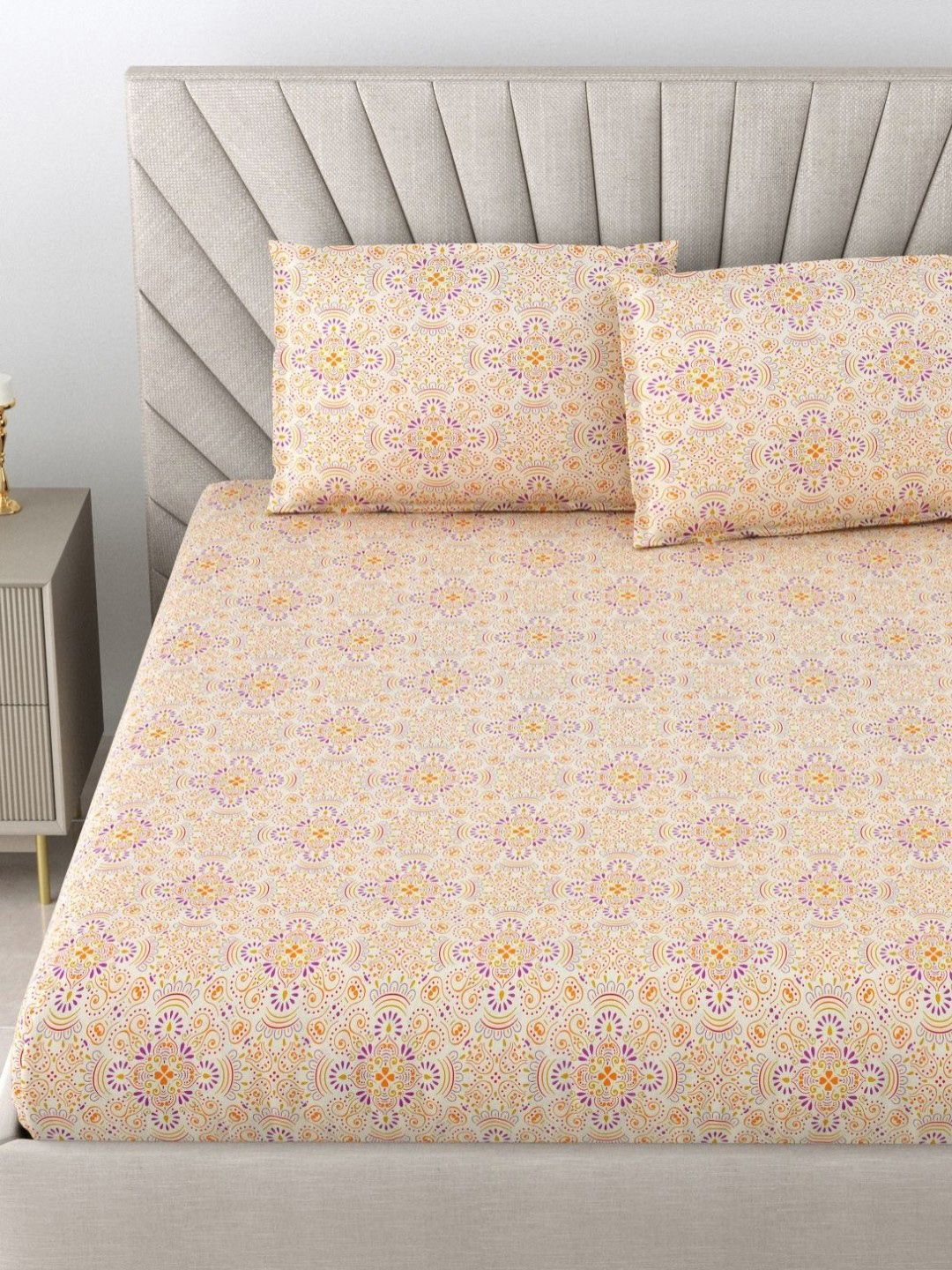 BOMBAY DYEING Epigram Yellow Floral Pure Cotton 120 TC Queen Bedsheet Set 2.24 m X 2.54 m