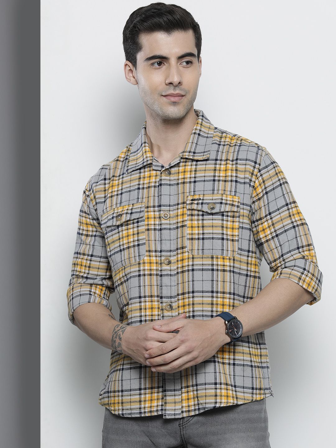 The Indian Garage Co Men Regular Fit Checked Double Flap Pocket Flannel Shirt