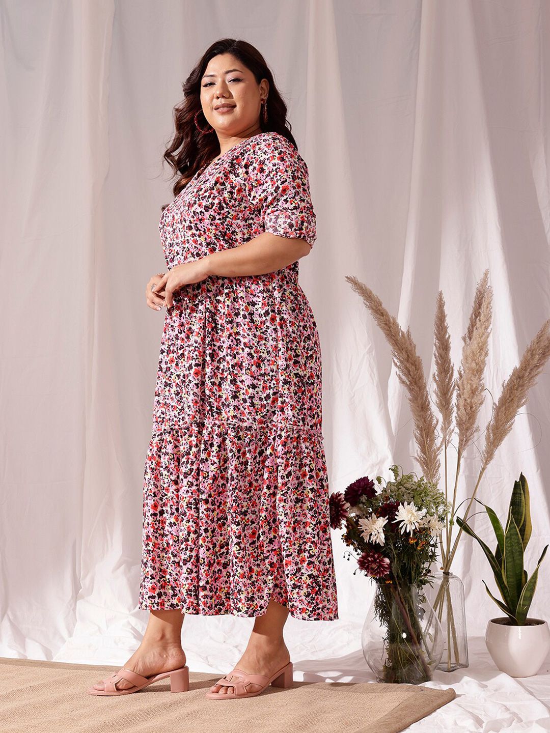 CURVY STREET Plus Size Animal Print V-Neck Long Sleeves Fit & Flare Dress