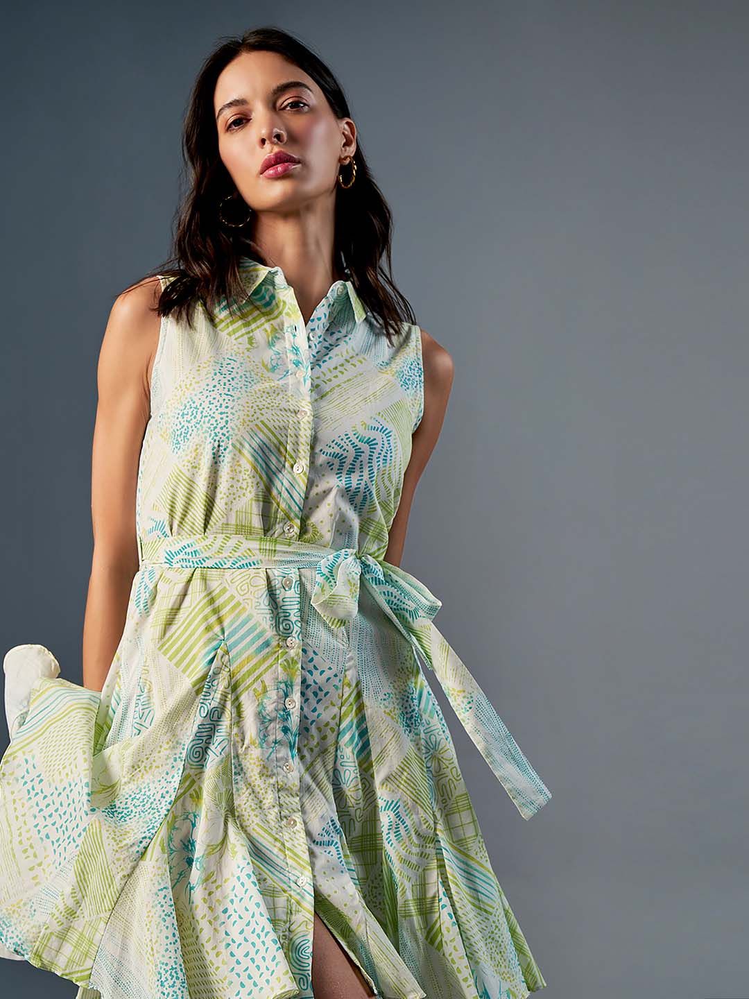 AND Shirt Collar Sleeveless Print A-Line Cotton Dress