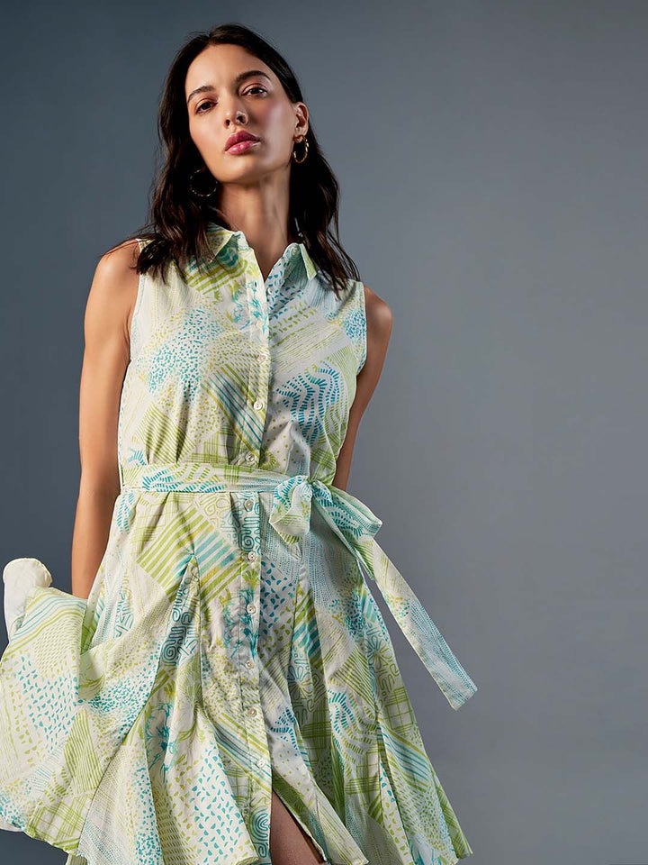 AND Shirt Collar Sleeveless Print A-Line Cotton Dress