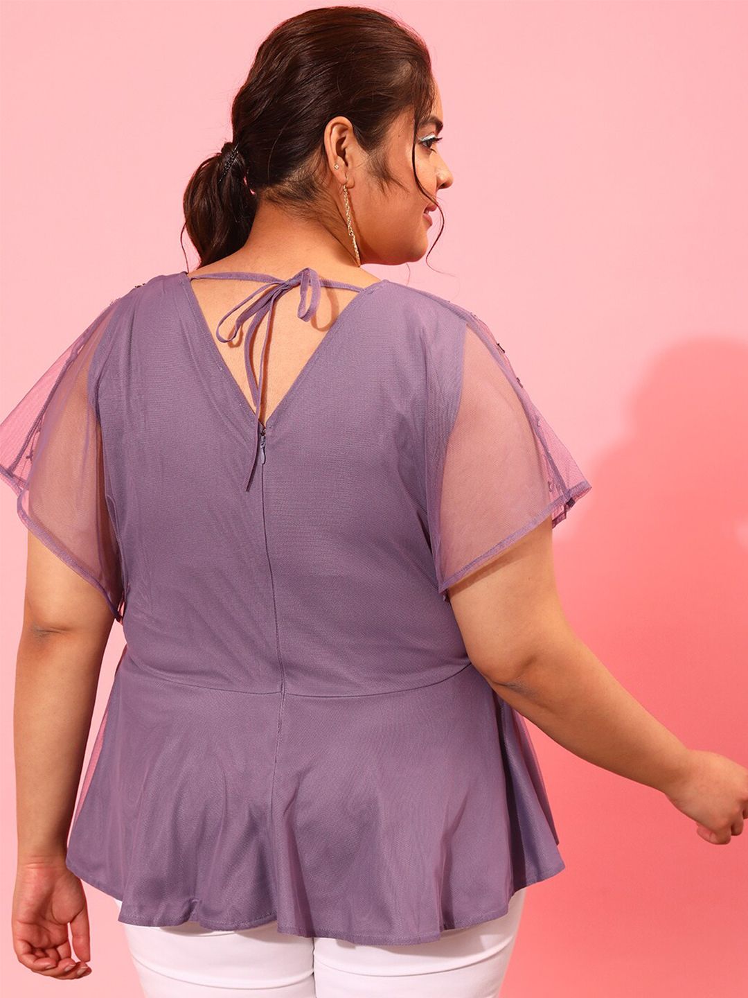 CURVY STREET Plus Size Embellished Extended Sleeves Peplum Top