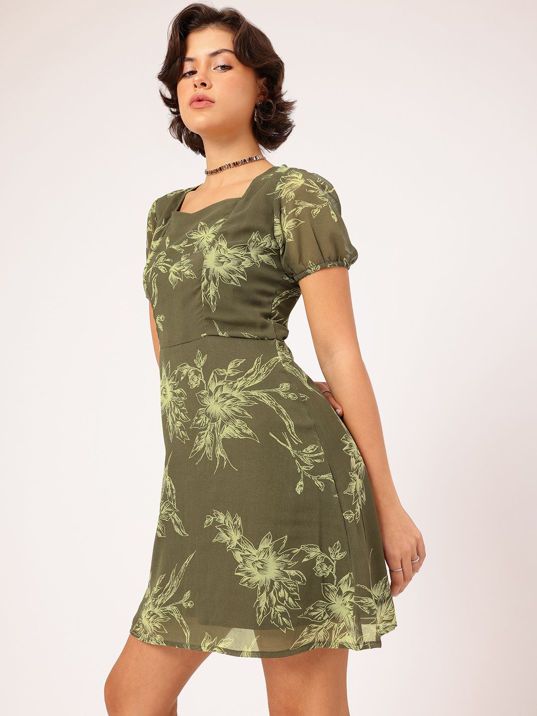 DressBerry Glam & Grunge Floral Printed Cut-Out Back A-Line Mini Dress