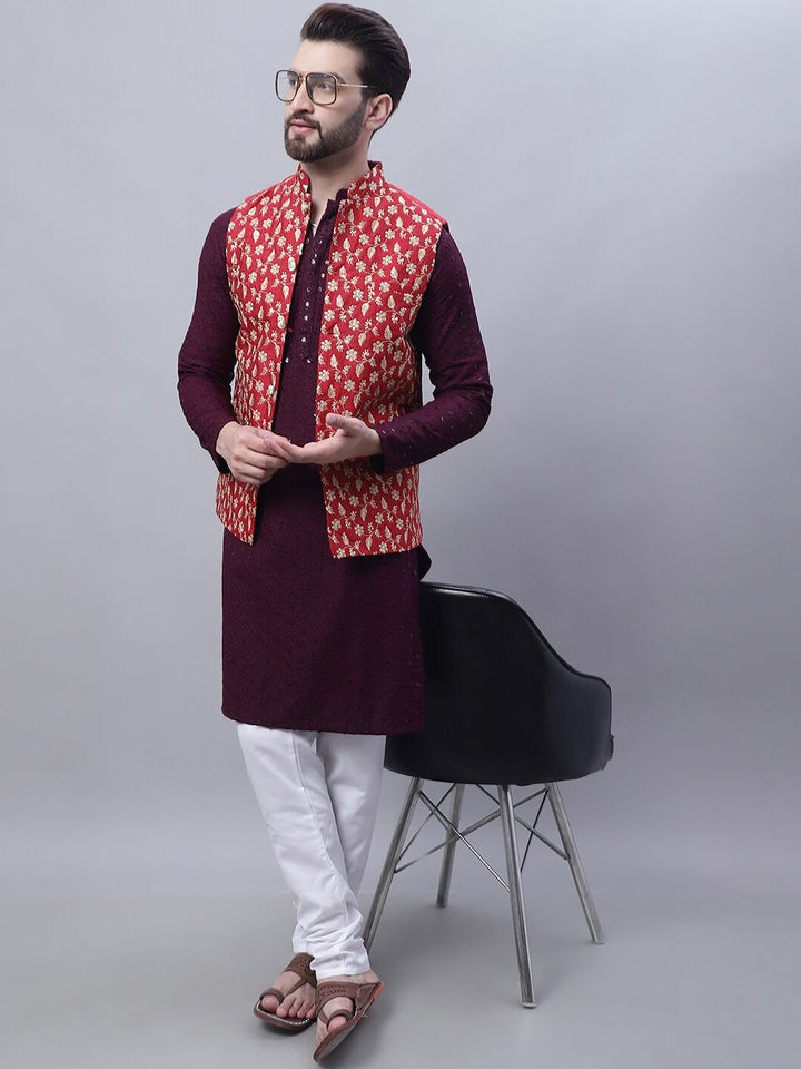 SOJANYA Mandarin Collar Embroidered Pure Cotton Kurta with Churidar & Nahru Jacket