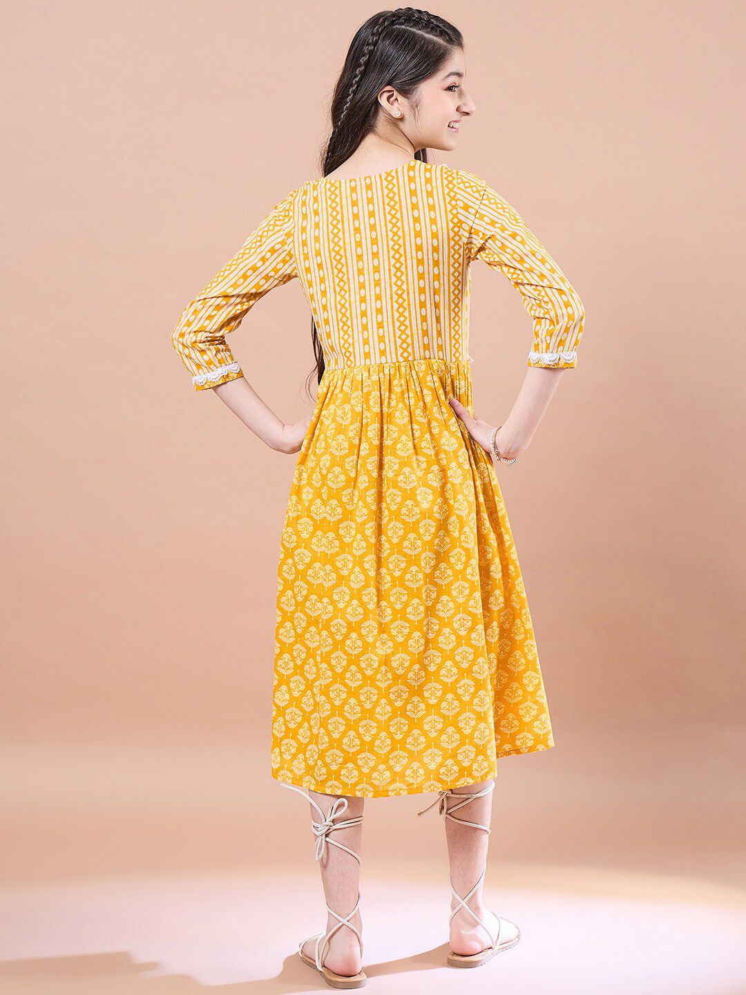 pspeaches Girls Ethnic Motifs Print Cotton V-Neck A-Line Midi Dress