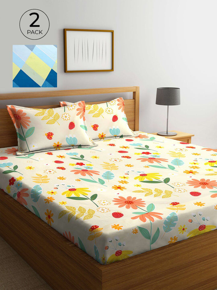 KLOTTHE Yellow Floral Cotton 210 TC King Fine 2 Cadar dengan 4 Sarung Bantal-98 x 87 inci