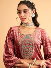 Shae by SASSAFRAS Pink Floral Yoke Design Velvet Thread Work Flared Sleeves Kurta