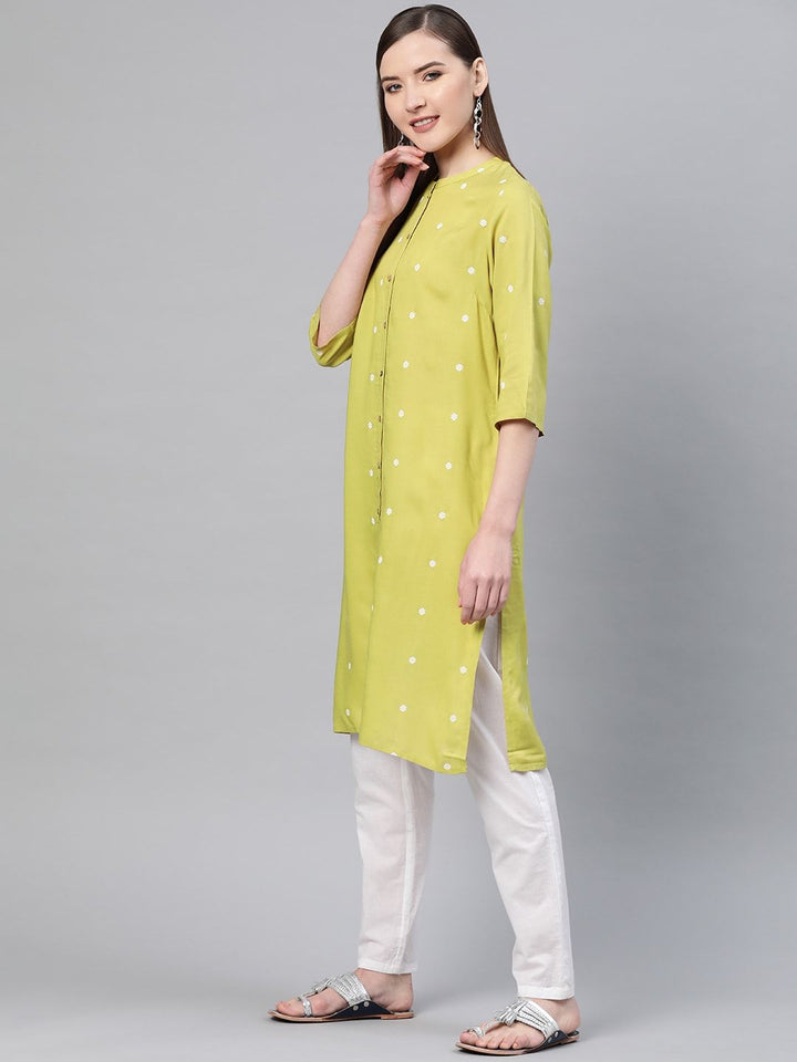 W Women Lime Green & Off-White Printed Straight Kurta