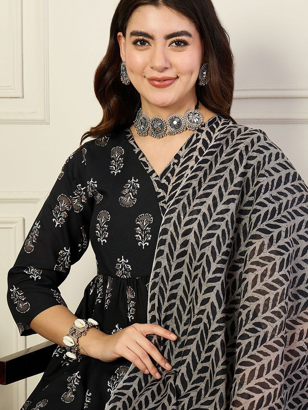 KALINI V-Neck Floral Printed Angrakha Anarkali Kurta with Trouser & Dupatta