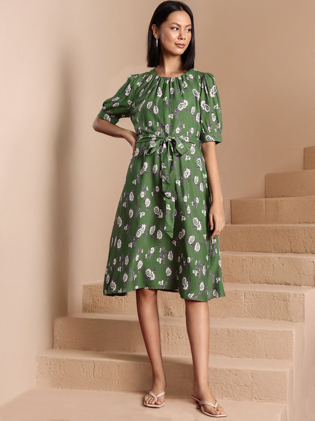 all about you Floral Print Puff Sleeves A-Line Dress with Belt
