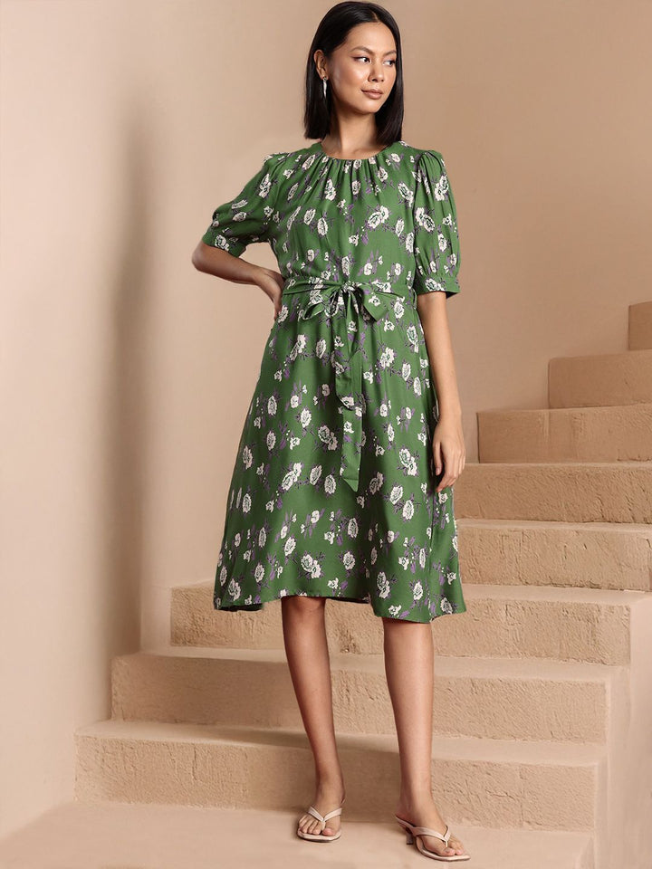 all about you Floral Print Puff Sleeves A-Line Dress with Belt
