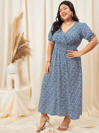 Berrylush Curve Blue Curve Floral Print Puff Sleeve Crepe Empire Midi Dress