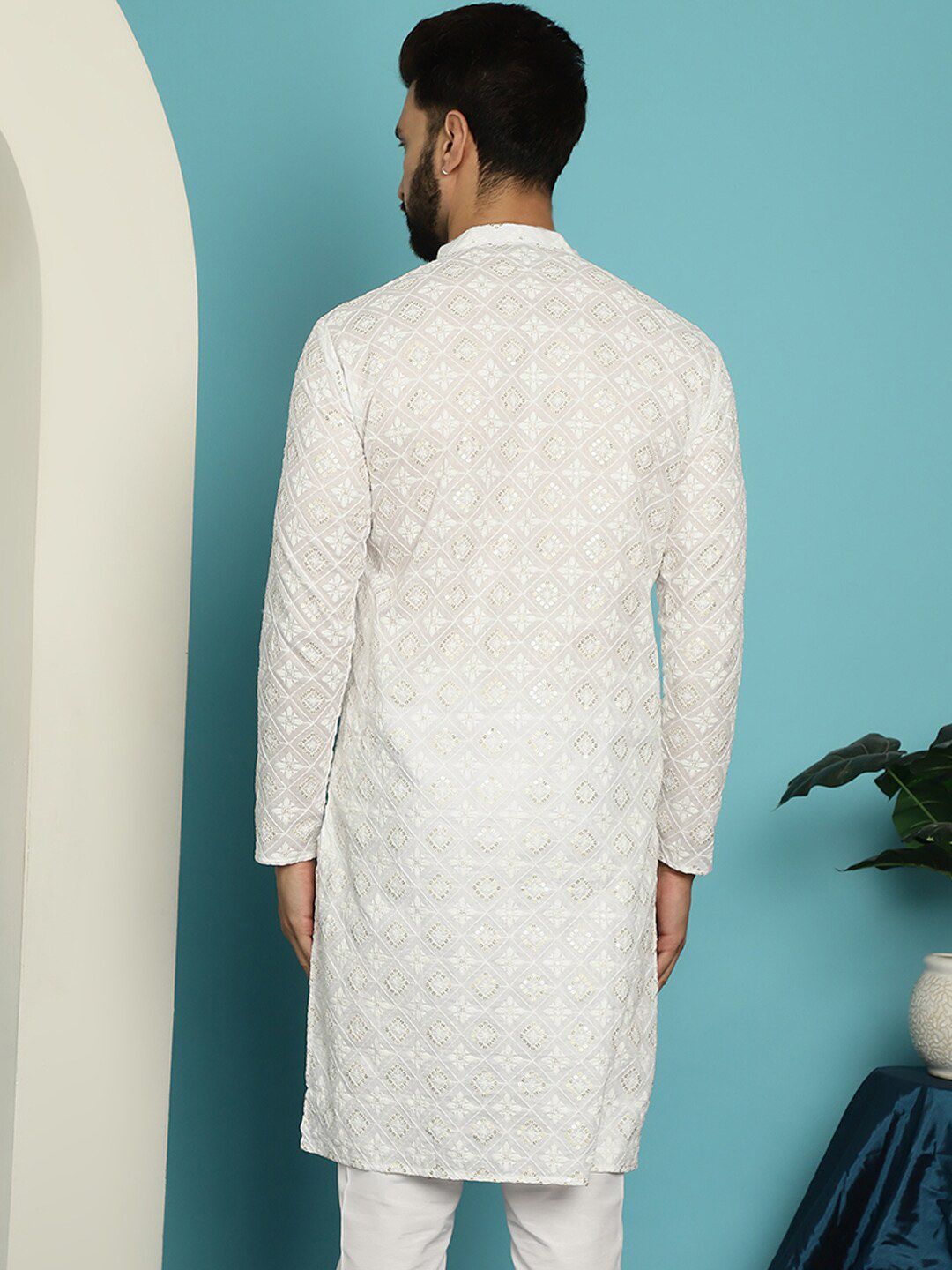 SOJANYA Motif Etnik Urutan Sulaman Kurta Lurus Kapas Tulen