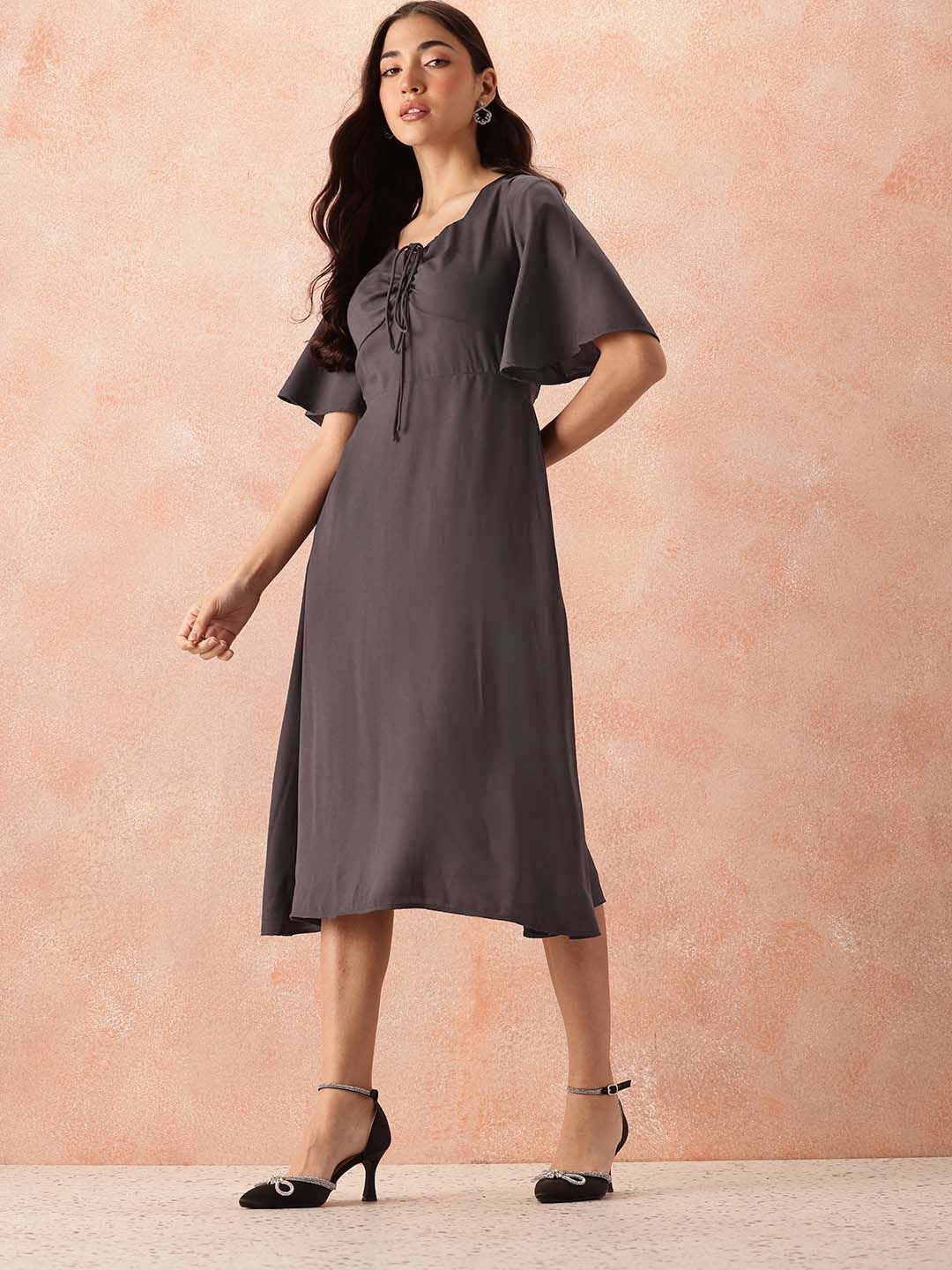 all about you Lace Up Detail Flared Sleeve A-Line Dress