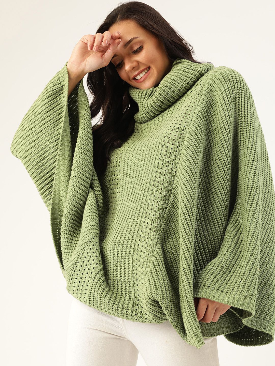 DressBerry Women Mint Green Open Knit Longline Poncho