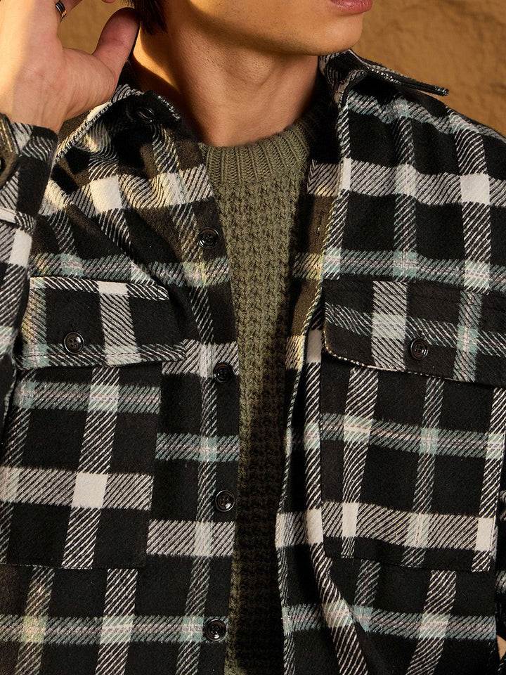 DENNISON Men Double Pocket Drop Shoulder Oversized Cotton Checked Shacket