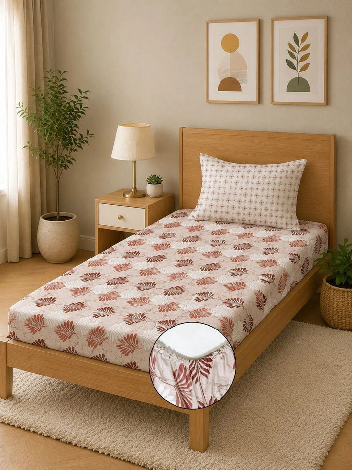 Moda Rapido X KLOTTHE Beige & Red Floral 400 TC Single Bedsheet with 1 Pillow Covers