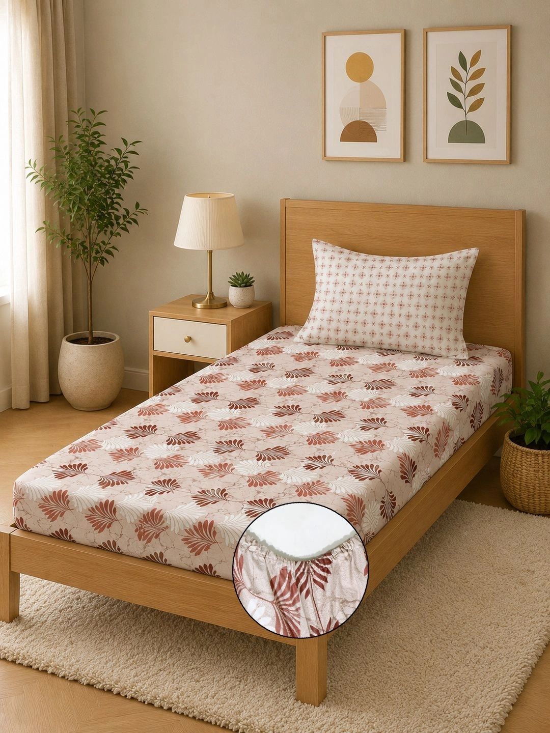 Moda Rapido X KLOTTHE Beige & Red Floral 400 TC Single Bedsheet with 1 Pillow Covers