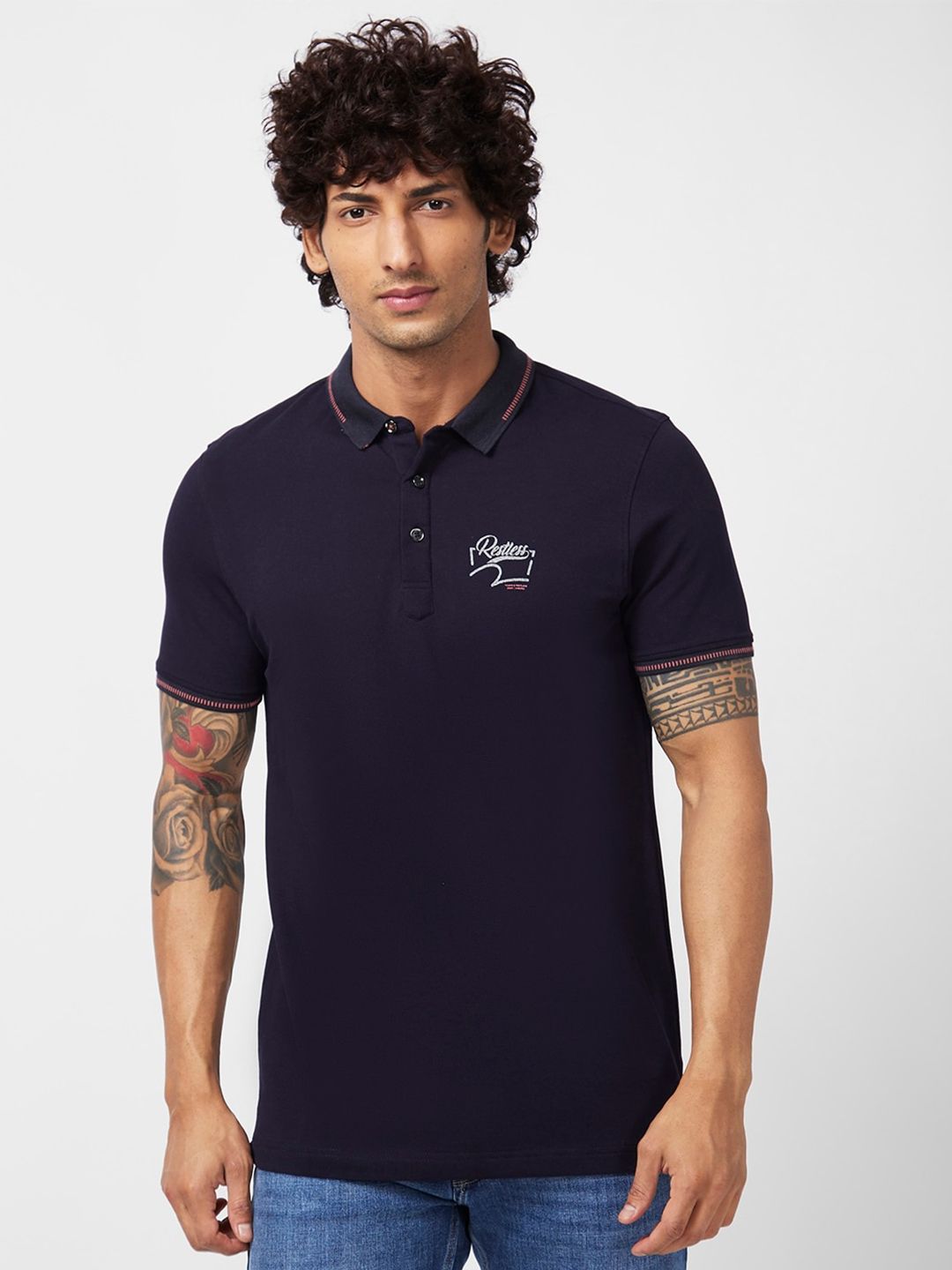 SPYKAR Polo Collar Applique Slim Fit Cotton Casual T-Shirt