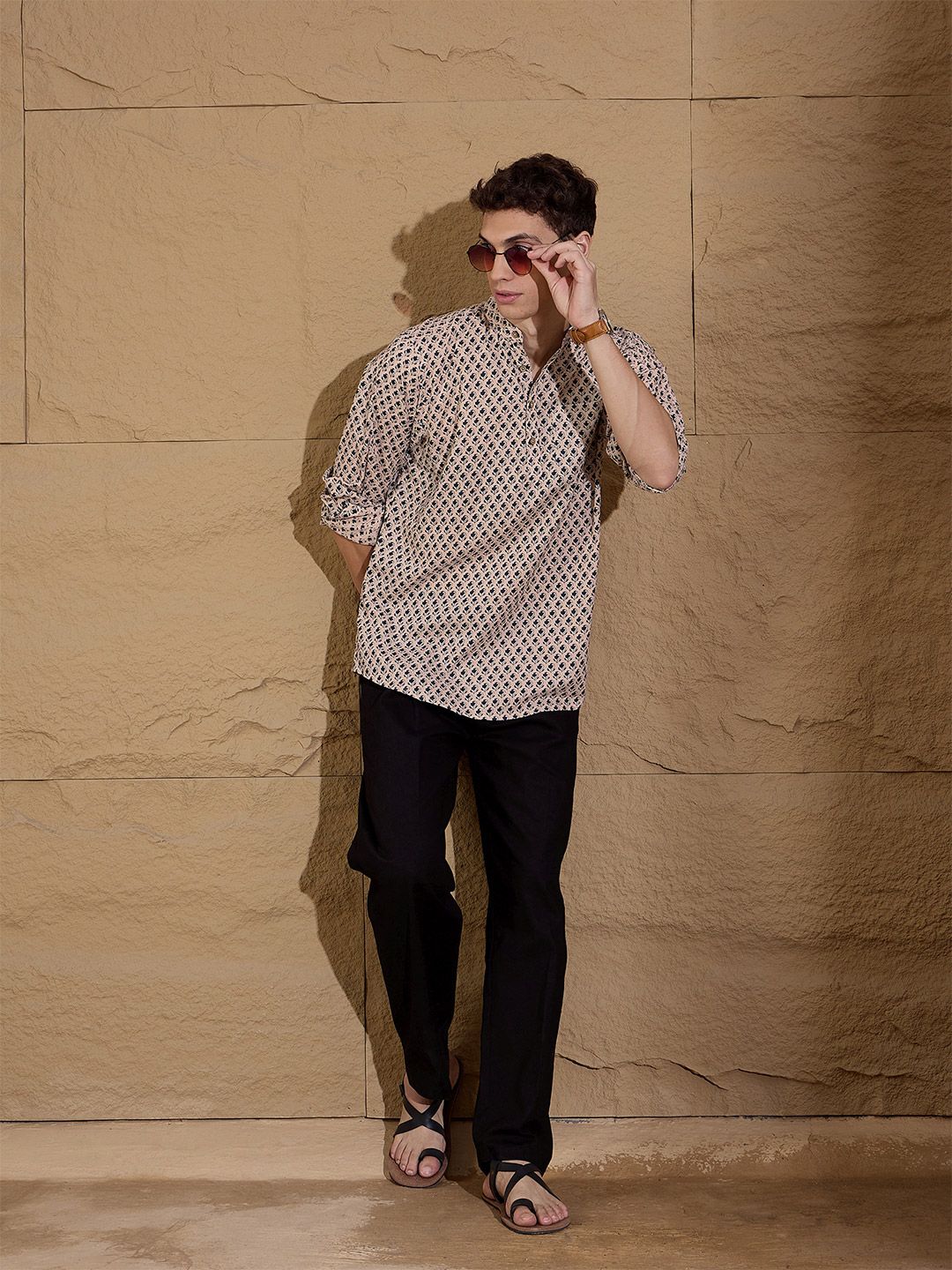 DENNISON Floral Printed Pure Cotton Band Collar Straight Kurta