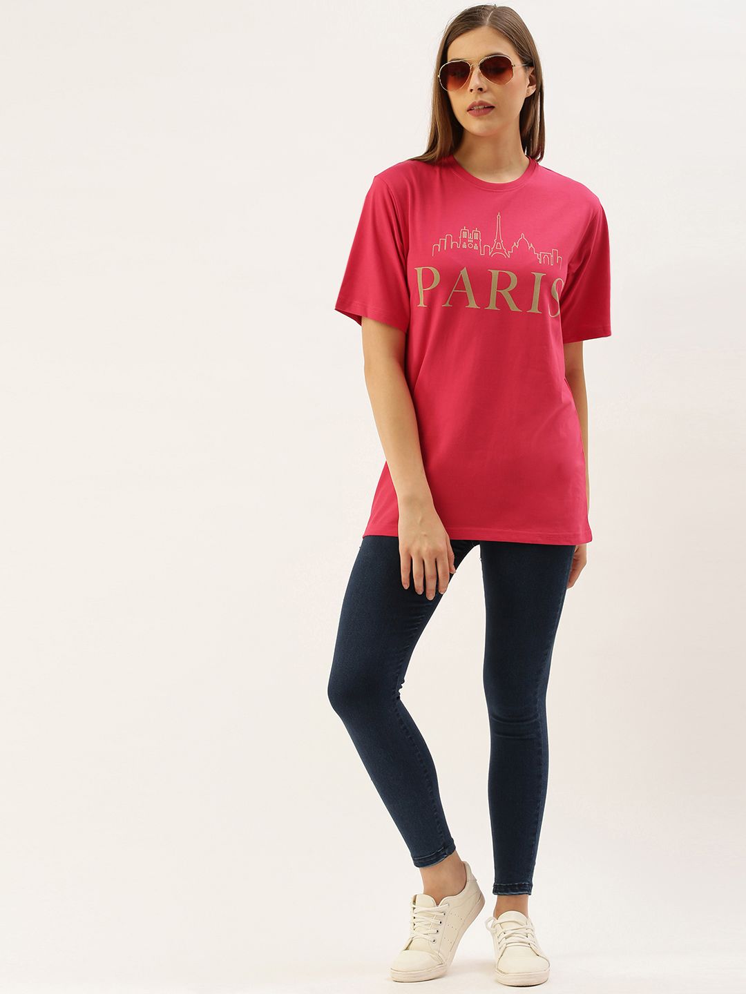 DILLINGER Women Magenta Pink Printed  Round Neck Longline Oversized Pure Cotton T-shirt