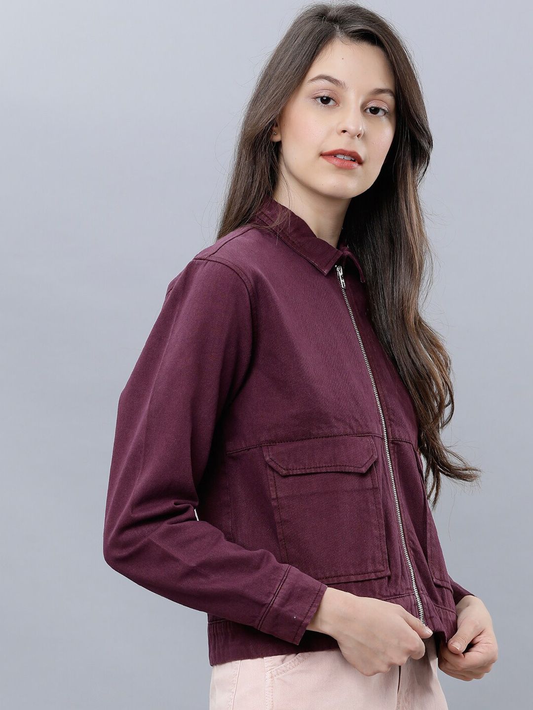 Tokyo Talkies Women Burgundy Solid Denim Jacket