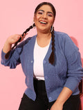 CURVY STREET Plus Size Women Blue Cable Knit Acrylic Cardigan