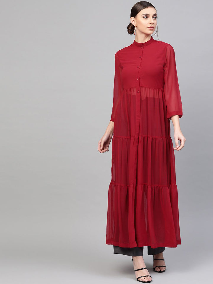 SASSAFRAS Maroon Semi-Sheer Tiered Maxi Top
