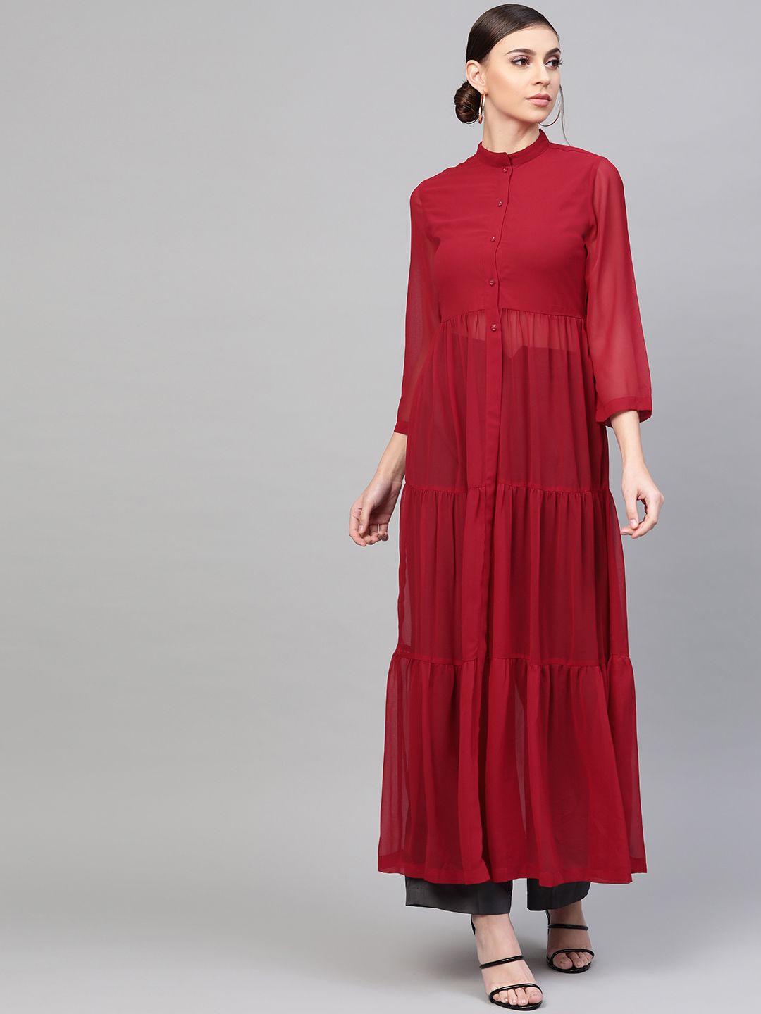 SASSAFRAS Maroon Semi-Sheer Tiered Maxi Top