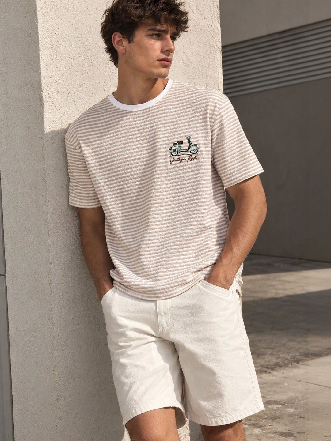 Eszett Drop Shoulder Vintage Ride Cream Striped Embroidered Cotton Round Neck Oversized Fit T-shirt