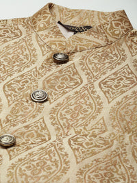 SOJANYA Men Sea Green Striped Kurta with Churidar & Nehru Jacket