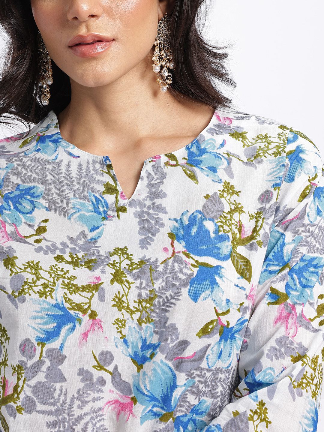 Anouk Floral Printed Pure Cotton Kurta dengan Seluar & Dupatta