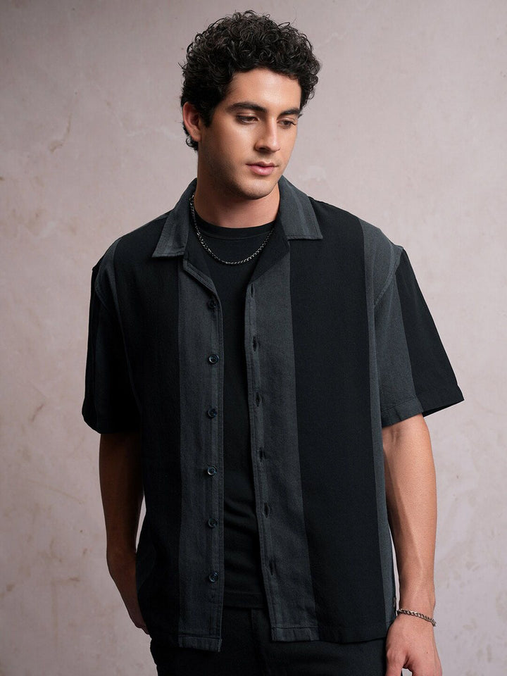 LOCOMOTIVE Dobby Textured Striper Camp Collar Oversized Shirt