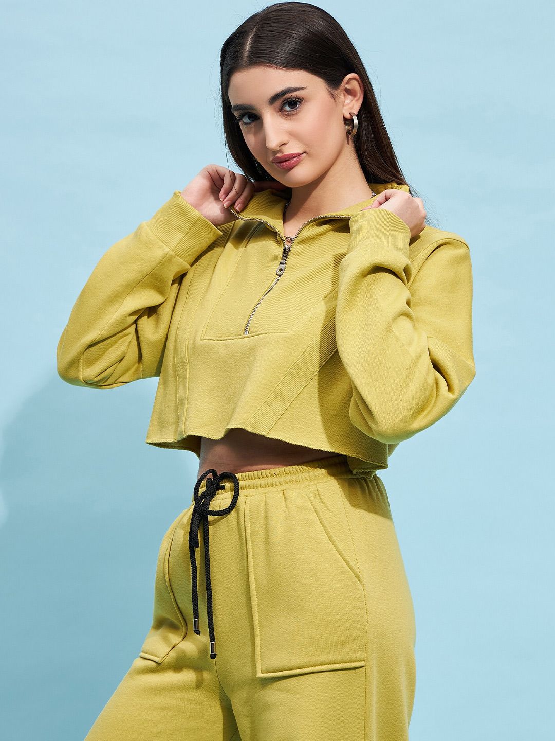 STREET 9 Lime Green Mock Collar Pure Cotton Crop Sweatshirt