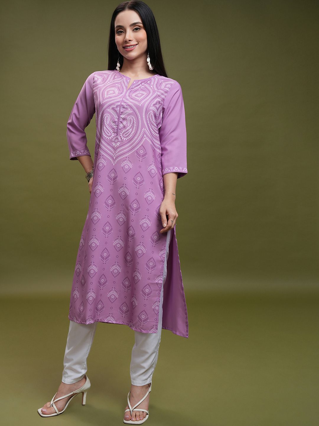 Vishudh Purple Ethnic Motifs Printed Notch Neck Straight Kurta