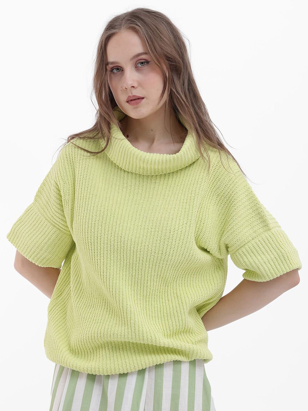 RAREISM Cable Knit Self Design Cowl Neck Ribbed Pullover