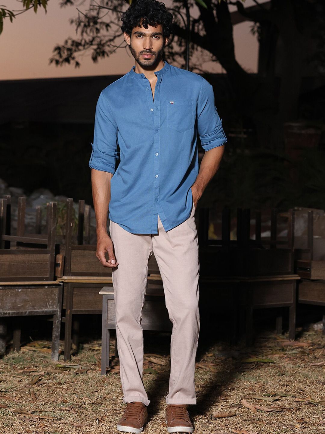 Thomas Scott Mandarin Collar Premium Cotton Linen Slim Fit Opaque Casual Shirt