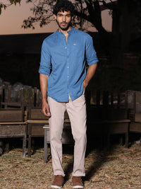 Thomas Scott Mandarin Collar Premium Cotton Linen Slim Fit Opaque Casual Shirt