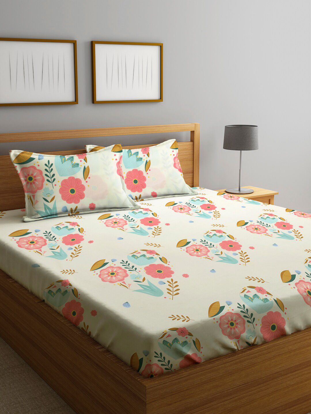 KLOTTHE White &amp; Pink Printed 300 TC Double King Dipasang Cadar Dengan 2 Sarung Bantal