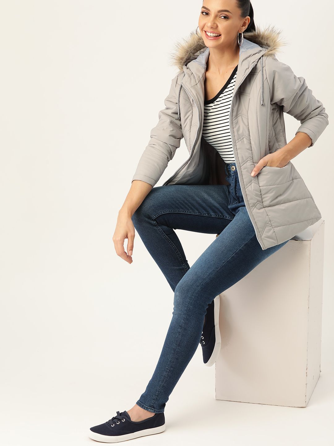 DressBerry Women Grey Solid Hooded Faux Fur Parka Jacket