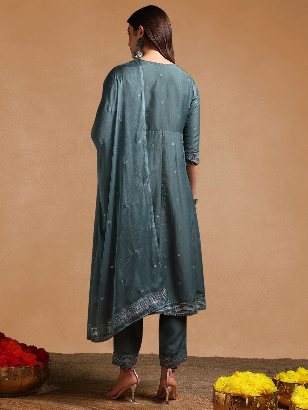 KALINI Ethnic Motifs Printed Round Neck Gotta Patti Empire Kurta With Trouser & Dupatta