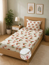 Moda Rapido X KLOTTHE Beige & Red Floral 400 TC Single Bedsheet with 1 Pillow Covers