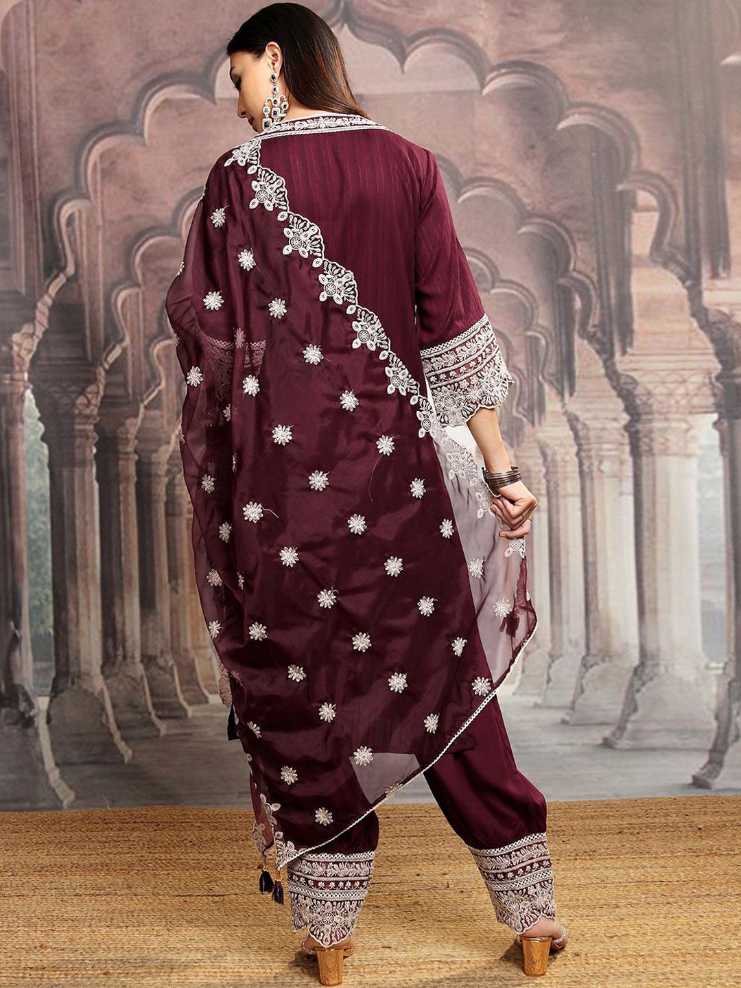 Vishudh Maroon Embroidered Thread Work Straight Kurta With Trousers & Dupatta