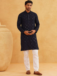 SOJANYA Geometric Embroidered Mandarin Collar Sequinned Pure Cotton Kurta With Churidar