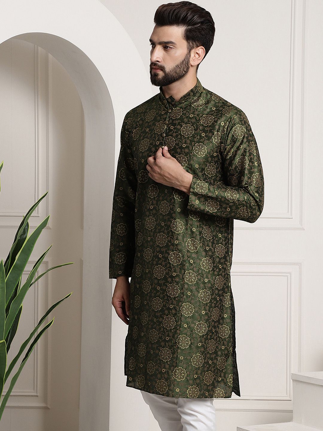 SOJANYA Men Green & Brown Ethnic Motifs Printed Kurta